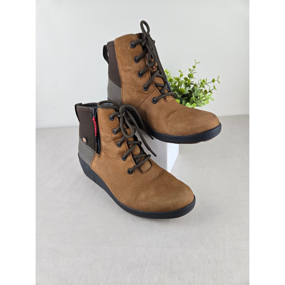 Bogs Waterproof Leather Lace Up Side Zip Ankle Boots Women 10 Euro‎ 41 Tan